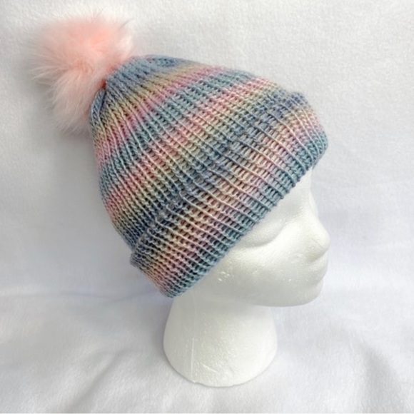 Pom Pom Hat, Striped Hat, PomPom Beanie, Knit Hat, Brand New, Never Worn - Picture 3 of 4